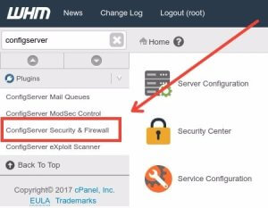 The image is a scerenshot of WHM showing ConfigServer Security and Firewall cPanel Plugin 